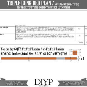 May include: A digital plan for building a triple bunk bed. The plan includes a materials list and cut list. The bed is 70 inches deep, 81 inches wide, and 70 inches high. The plan is available for instant download.