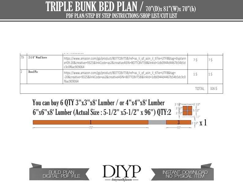 May include: A digital plan for building a triple bunk bed. The plan includes a materials list and cut list. The bed is 70 inches deep, 81 inches wide, and 70 inches high. The plan is available for instant download.