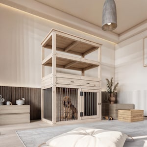 Large single dog kennel with shelves plan, dog bed with cupboard, dog crate with storage units