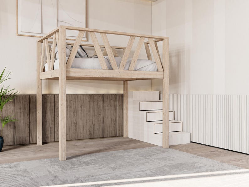 May include: A wooden loft bed with a white mattress and a set of white stairs. The bed has a railing with a geometric design.