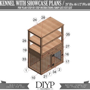 Large single dog kennel with shelves plan, dog bed with cupboard, dog crate with storage units image 5