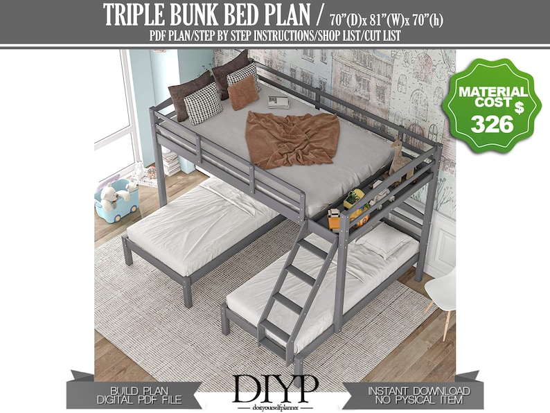 Wooden Triple Bunk Bed Plans - Full over 2 Twin Bunk Bed for Kid's - Make your own bunk bed