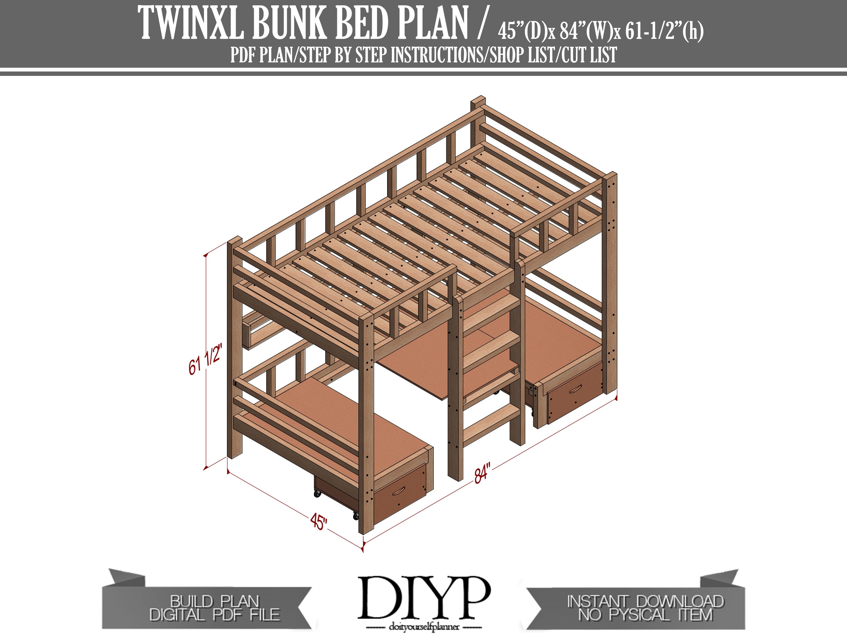 Multifunctional Twinxl Bunk Bed With Desk Plans Loft Bed Etsy