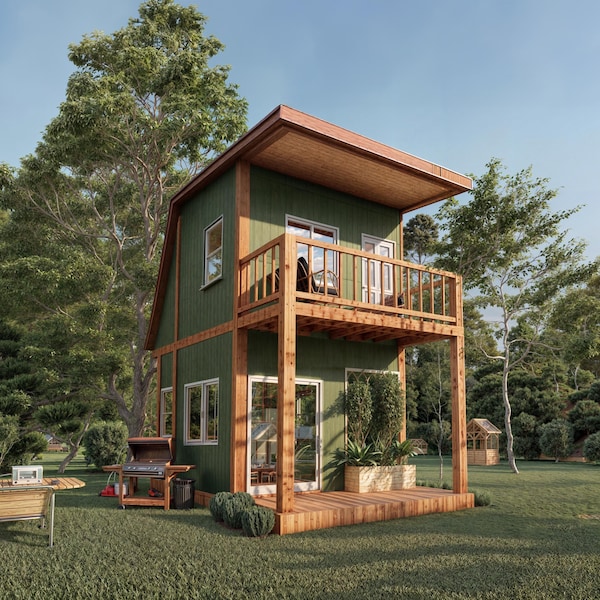 2-Story Tiny House Plans: 1-Bedroom Modern Home Blueprint