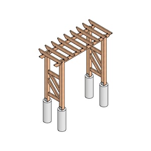 May include: A wooden pergola with a brown stain, supported by four concrete pillars. The pergola has a lattice top and is designed for outdoor use.