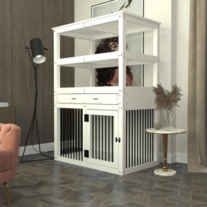 Large single dog kennel with shelves plan, dog bed with cupboard, dog crate with storage units