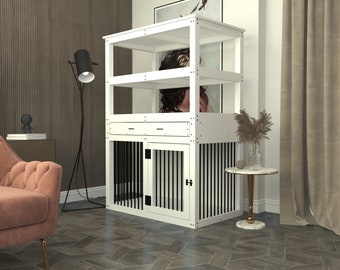 Large single dog kennel with shelves plan, dog bed with cupboard, dog crate with storage units