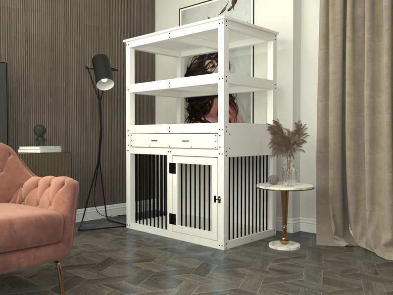 Large single dog kennel with shelves plan, dog bed with cupboard, dog crate with storage units image 1