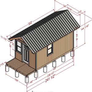 May include: A 3D illustration of a small wooden cabin with a gray metal roof. The cabin is on a wooden deck with concrete supports. The cabin is 243 inches long, 87 1/4 inches wide, and 131 13/16 inches tall.