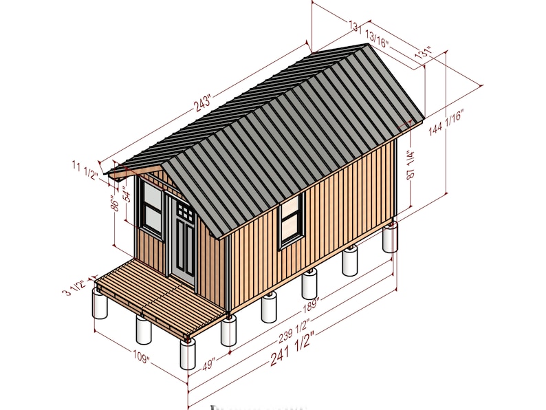 May include: A 3D illustration of a small wooden cabin with a gray metal roof. The cabin is on a wooden deck with concrete supports. The cabin is 243 inches long, 87 1/4 inches wide, and 131 13/16 inches tall.