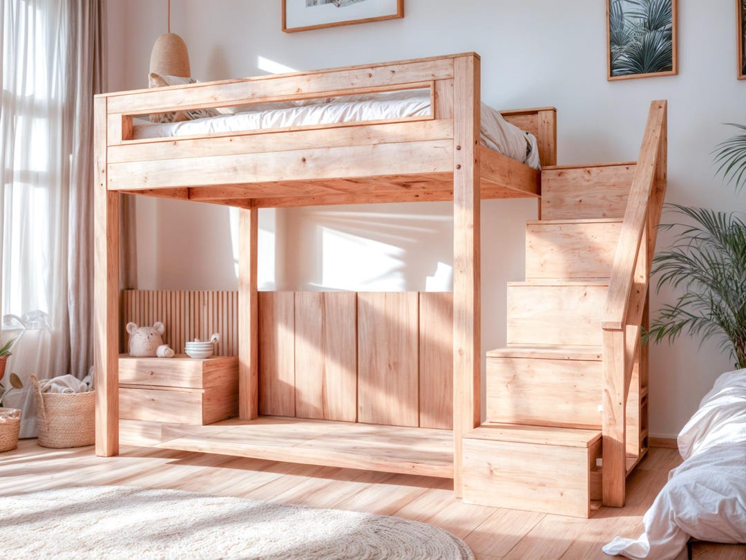 DIY Full Size Loft Bed Plan With Shelves (PDF)