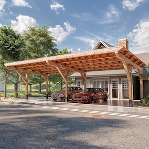 May include: A wooden carport with a grid-like roof structure, sheltering two orange cars. The carport is supported by large wooden beams and is attached to a house with a brick chimney. The scene is set on a sunny day with a blue sky.