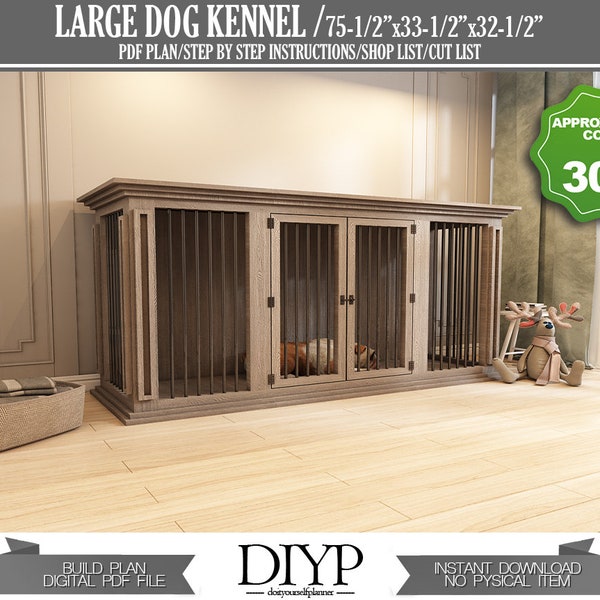 Large dog crate plans, dog bed plans, indoor dog kennel, dog house, diy kennel plans, wooden dog cage