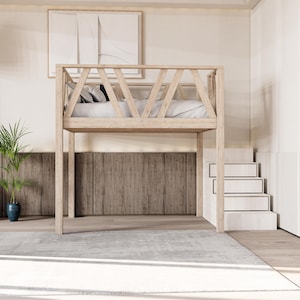 May include: A wooden loft bed with a white mattress and a white wooden ladder. The bed is in a room with white walls and a wooden floor.
