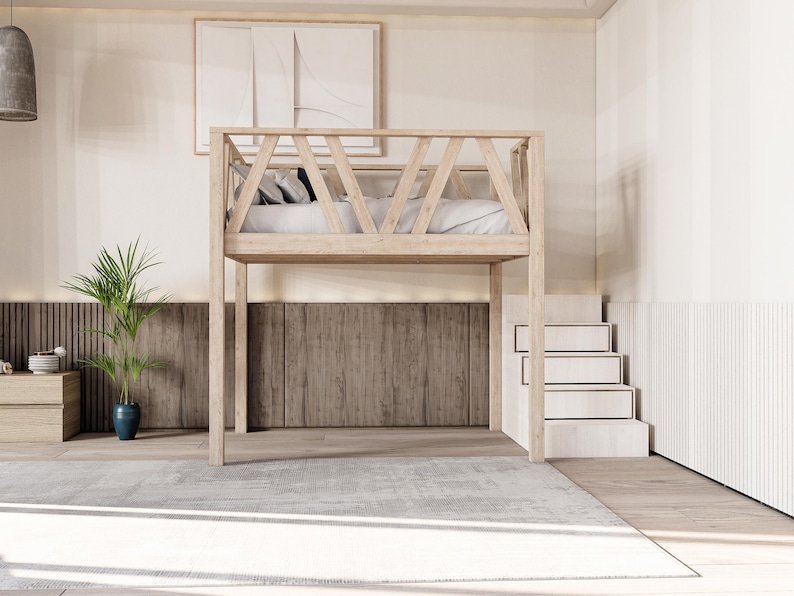 May include: A wooden loft bed with a white mattress and a white wooden ladder. The bed is in a room with white walls and a wooden floor.