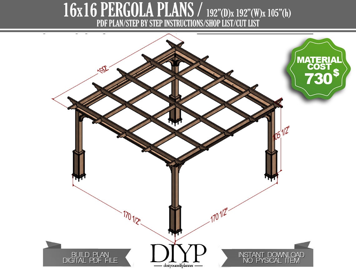 Diy plans for 16x16 pergola backyard pergola ideas build Etsy