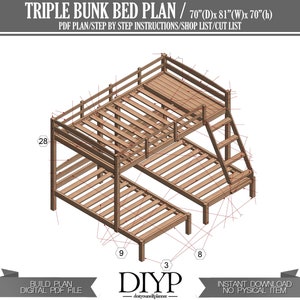 Wooden Triple Bunk Bed Plans - Full over 2 Twin Bunk Bed for Kid's - Make your own bunk bed