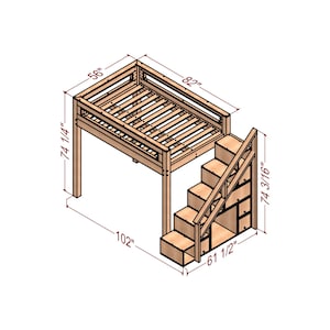 Puede incluir: Una cama litera de madera con una escalera integrada y estantes de almacenamiento. La cama tiene 74 1/4 pulgadas de alto, 56 pulgadas de ancho y 82 pulgadas de largo. La escalera tiene 74 3/16 pulgadas de alto y 61 1/2 pulgadas de ancho. La cama tiene 102 pulgadas de largo.