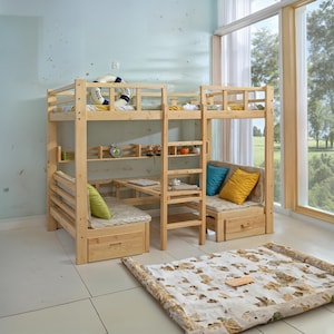 Multifunctional bunk bed with table - Modern study room ideas build plans - queen size loft bed