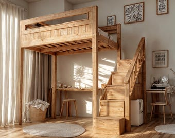 Multifunctioneel queensize stapelbed met opbergruimte plattegrond - moderne slaapkamerideeën bouwplannen - queensize hoogslaper