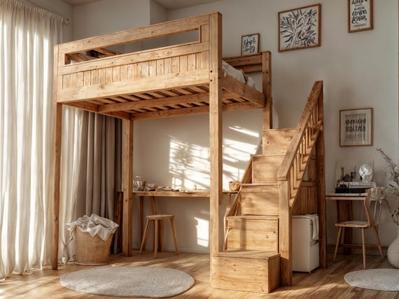 Multifunctional Queen Size Bunk Bed With Storage Area Plan Modern Bedroom Ideas Build Plans Queen Size Loft Bed Etsy UK