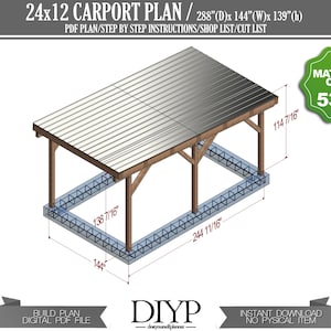 12&#39;x24&#39; Carport Plans DIY Wooden car garage - Download Printable PDF