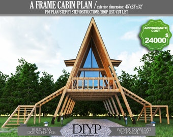 A Frame Cabin Plans, Wooden tiny house plan, Vacation House plan, Wooden house plan