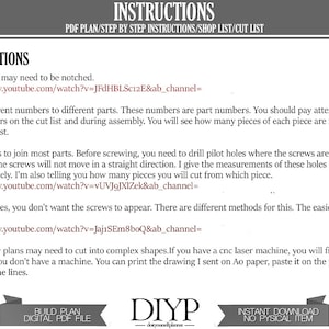May include: Instructions for building a DIY project. The instructions include a list of materials, a cut list, and step-by-step instructions. The instructions also include links to YouTube videos for additional help.
