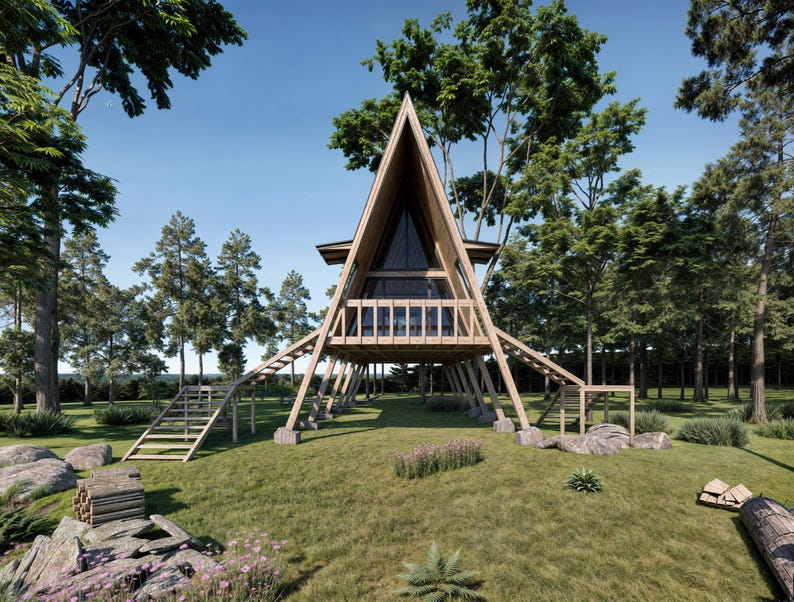 May include: A-frame cabin with a wooden exterior, set in a grassy area surrounded by trees. The cabin has a large triangular roof and a balcony. Stairs lead up to the cabin from the ground. The scene is set on a sunny day.