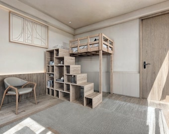 DIY Full Bunk Bed, Cube Stairs: Wood Plan & Animation