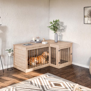 DIY L Shaped Dog Kennel Plan, Wooden Dog Crate Plans, Large Dog House Plan, Indoor Dog Kennel DIY, Modern Dog Crate Furniture