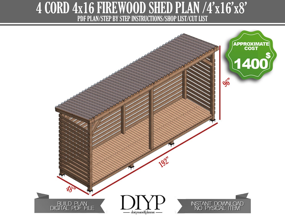 4x16 Firewood Shed Plans | 4 Cord Wood Shed DIY Build Plans - Etsy