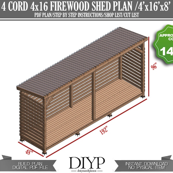 4x16 Firewood Shed Plans | 4 Cord Wood Shed DIY Build Plans