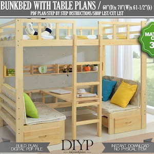 Bunk bed with desk plans, Full size loft bed, Multifunctional bunk bed with table, Modern study room ideas build plans