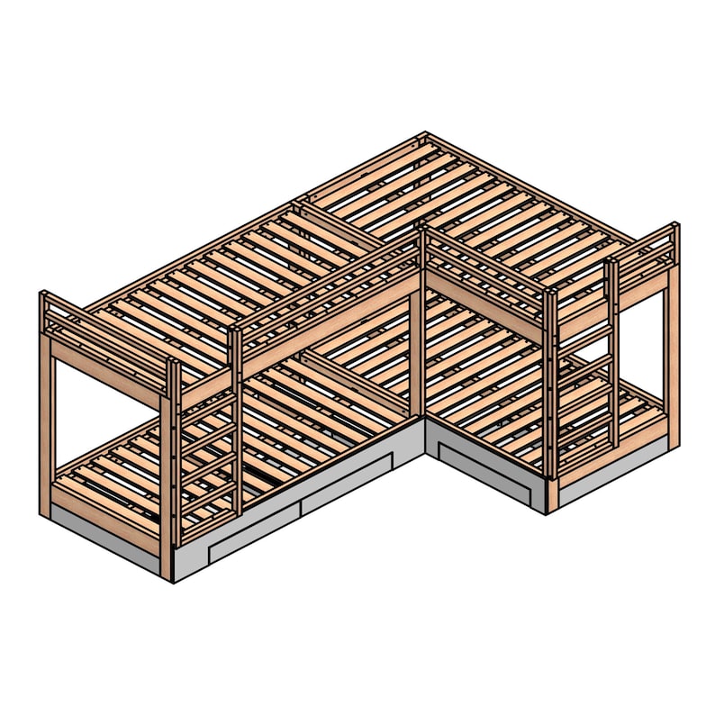 May include: A wooden bunk bed with a unique L-shaped design. The bed has a ladder and multiple slats for support.