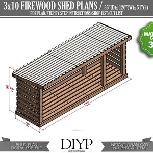 Abri pour le bois de chauffage 3 x 10, Plan fournit du bricolage, un abri de rangement du bois, des fichiers PDF avec des listes de coupes et des instructions de montage