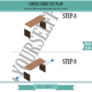 Puede incluir: Un plan paso a paso para construir un juego de mesa de caf&eacute;. El plan incluye instrucciones para ensamblar la tapa de la mesa y las patas. El plan est&aacute; etiquetado como "Paso 8" y "Paso 9".
