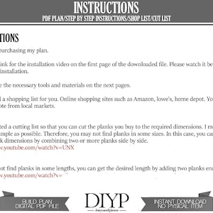 May include: Instructions for building a DIY project. The instructions include a shopping list, cutting list, and links to videos. The text includes the phrase "DIYP - doityourselfplanner".