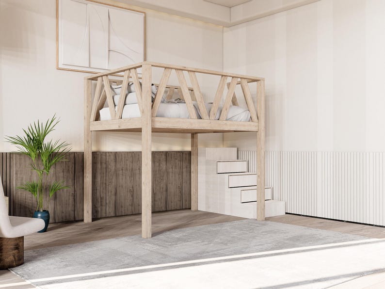 May include: A wooden loft bed with a white bedspread and a set of white stairs. The bed is in a room with white walls and a wooden floor.