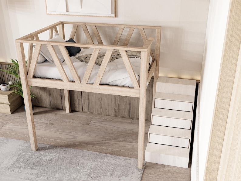 May include: A wooden loft bed with a white mattress and a white wooden ladder. The bed has a geometric design on the headboard and footboard.