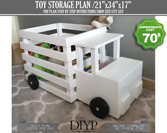 wooden toy storage, affordable playroom furniture, build plans for truck toy storage