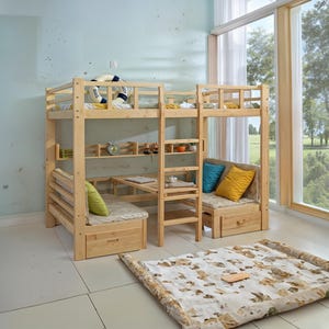 Bunk bed with desk plans, Full size loft bed, Multifunctional bunk bed with table, Modern study room ideas build plans