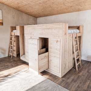 Modern Triple Single Bunk Bed Plans with Slide, Storage, and Play Area, DIY Woodworking