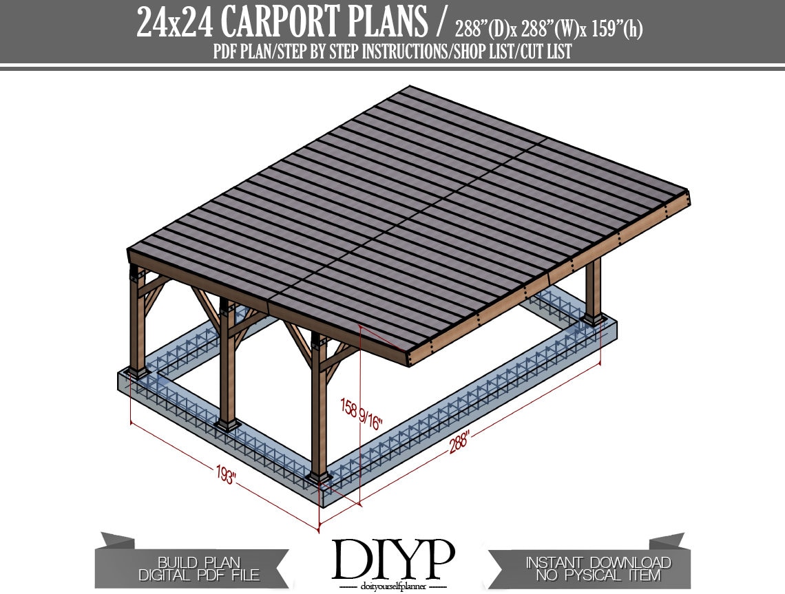 24x24 Carport Plans Diy Car Garage for Two Car Modern Etsy Australia