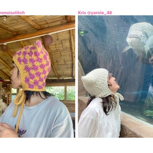 May include: Two people wearing handmade crochet hats. One hat is yellow and purple checkered, the other is white. The hats have a pointed top and ties under the chin. The image includes the text "Bita @pronoiasstitch" and "Kris @yarnie_48".