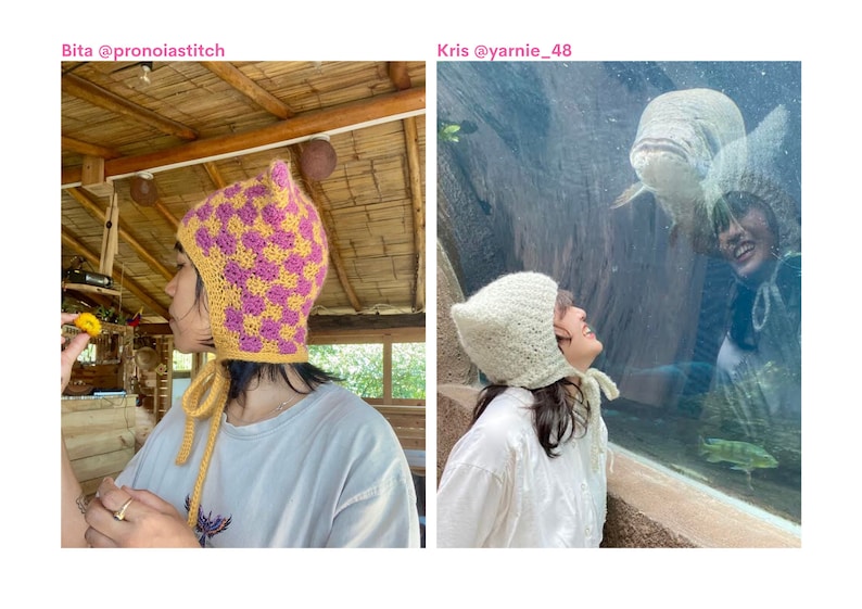 May include: Two people wearing handmade crochet hats. One hat is yellow and purple checkered, the other is white. The hats have a pointed top and ties under the chin. The image includes the text "Bita @pronoiasstitch" and "Kris @yarnie_48".