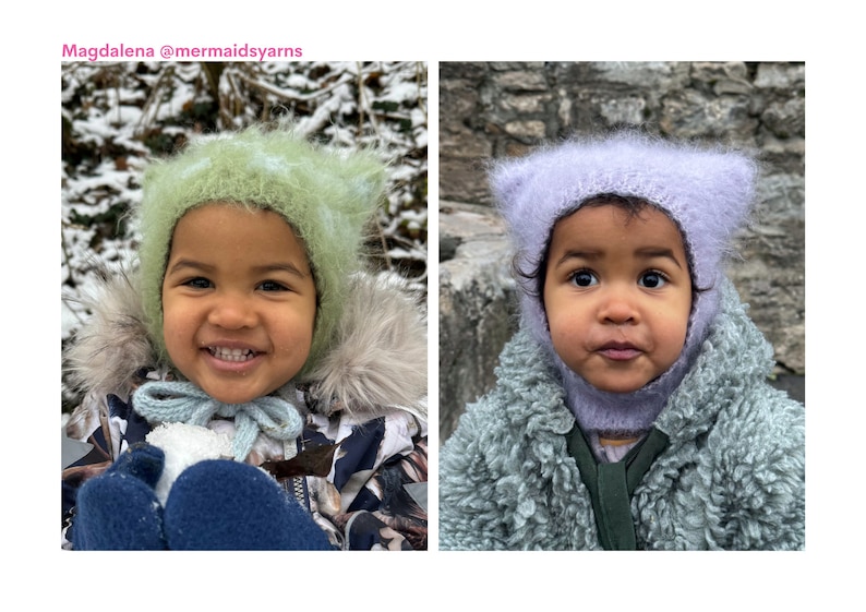 May include: Two children wearing handmade, fluffy winter hats. One child is wearing a light green hat and the other a lavender hat. The hats have a cat-ear design. The children are wearing winter coats.
