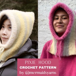 Könnte beinhalten: Zwei Personen tragen eine gehäkelte Pixie-Kapuze mit einem gestreiften Muster in Pink, Gelb und Grau. Der Text "PIXIE HOOD CROCHET PATTERN by @mermaidsyarns" befindet sich am unteren Rand des Bildes.