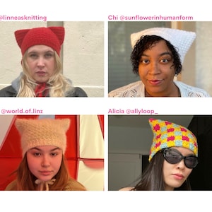 May include: Four people modelling handmade cat ear hats in different colours and designs. The hats are red, white, beige, and a checkered pattern of pink, yellow, and blue. The image includes the Instagram handles of the hat creators.