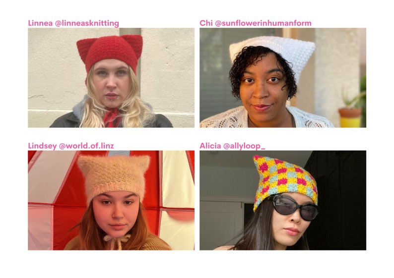 May include: Four people modelling handmade cat ear hats in different colours and designs. The hats are red, white, beige, and a checkered pattern of pink, yellow, and blue. The image includes the Instagram handles of the hat creators.
